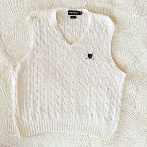 Vintage Men's Polo Golf White Cable Knit V-Neck Sweater Vest Size XL